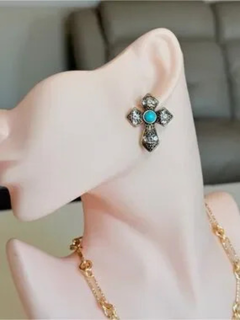 Vintage Gold Cross Earrings with Turquoise